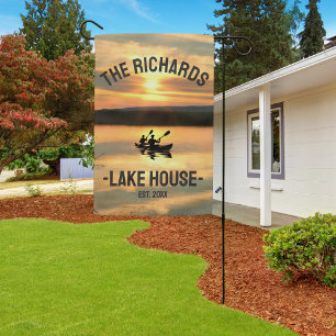 Family Name Lake House Rustic Oars Pine Trees Garden Flag