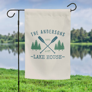 Family Name Lake House Rustic Oars Pine Trees Garden Flag