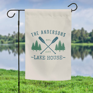 Family Name Lake House Rustic Oars Pine Trees Garden Flag