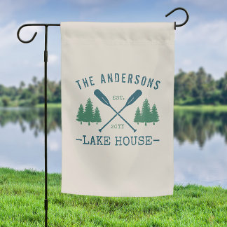 Family Name Lake House Rustic Oars Pine Trees Garden Flag