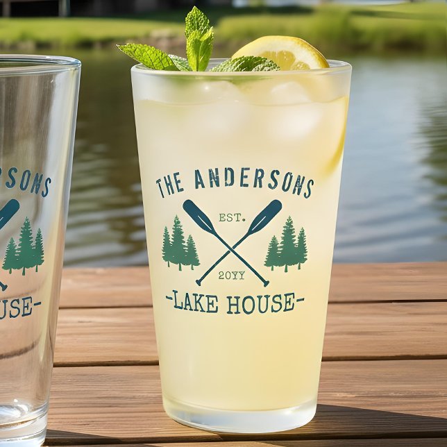 Family Name Lake House Rustic Oars Pine Trees Glass (Creator Uploaded)