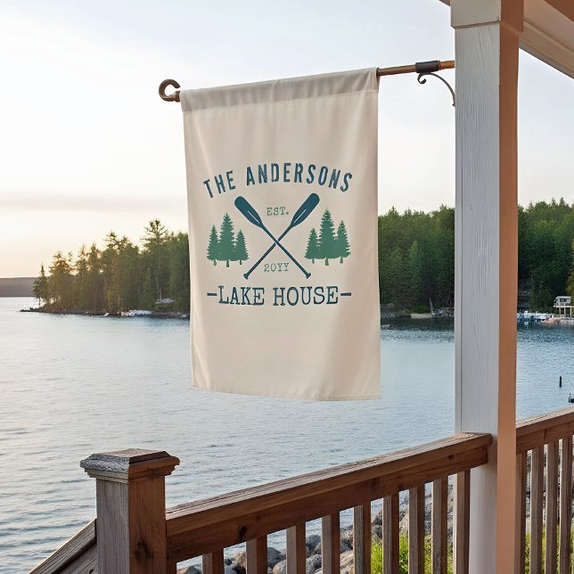 Family Name Lake House Rustic Oars Pine Trees House Flag (Creator Uploaded)