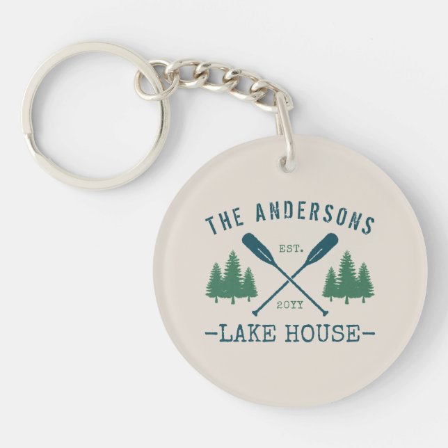 Family Name Lake House Rustic Oars Pine Trees Keychain (Front)