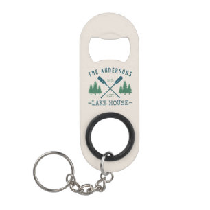 Family Name Lake House Rustic Oars Pine Trees Keychain Bottle Opener
