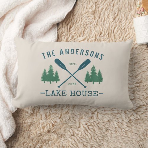 Family Name Lake House Rustic Oars Pine Trees Lumbar Pillow