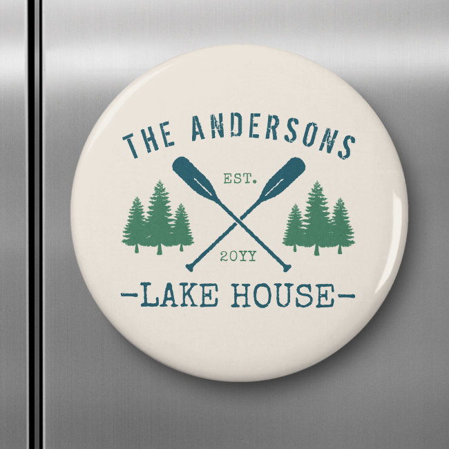 Family Name Lake House Rustic Oars Pine Trees Magnet