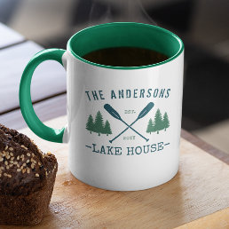 Family Name Lake House Rustic Oars Pine Trees Mug