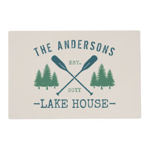 Family Name Lake House Rustic Oars Pine Trees Placemat