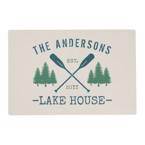Family Name Lake House Rustic Oars Pine Trees Placemat
