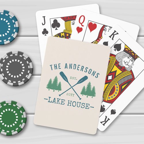 Family Name Lake House Rustic Oars Pine Trees Poker Cards