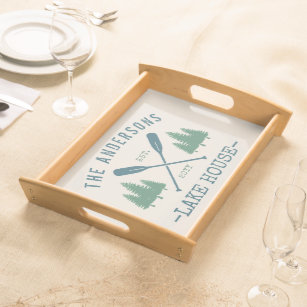 Family Name Lake House Rustic Oars Pine Trees Serving Tray