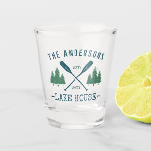 Family Name Lake House Rustic Oars Pine Trees Shot Glass
