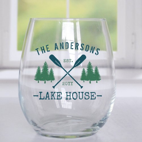 Family Name Lake House Rustic Oars Pine Trees Stemless Wine Glass