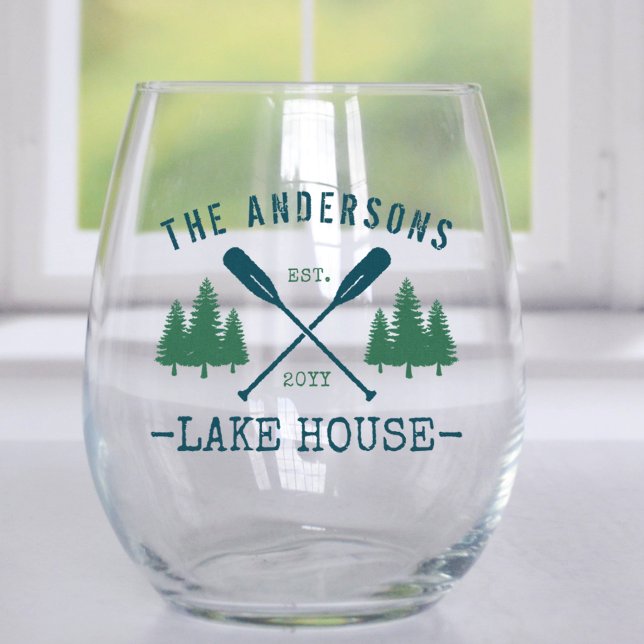 Family Name Lake House Rustic Oars Pine Trees Stemless Wine Glass (Creator Uploaded)