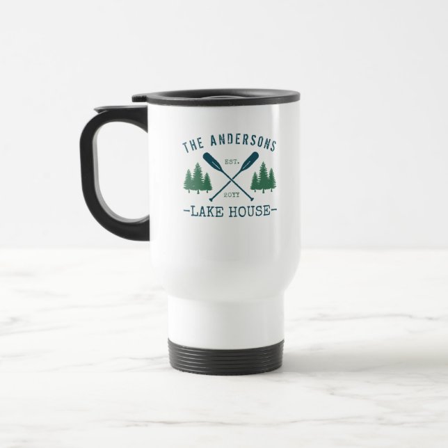 Family Name Lake House Rustic Oars Pine Trees Travel Mug (Left)