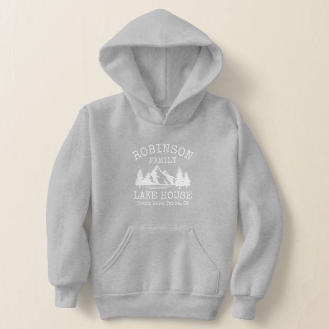 Family Name Lake House Rustic White Silhouette Hoodie (Laydown)