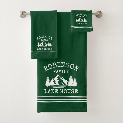 Family Name Lake House Trees Forest Green Bath Towel Set