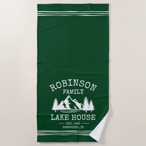 Family Name Lake House Trees Forest Green Beach Towel