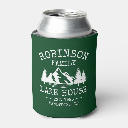 Family Name Lake House Trees Forest Green Can Cooler