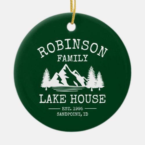 Family Name Lake House Trees Forest Green Ceramic Ornament