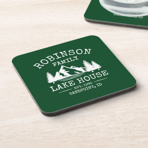 Family Name Lake House Trees Forest Green Corked Beverage Coaster