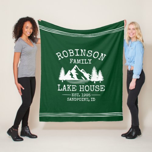 Family Name Lake House Trees Forest Green Fleece Blanket