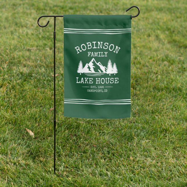 Family Name Lake House Trees Forest Green Garden Flag (In SItu)