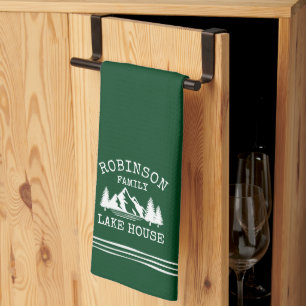 Family Name Lake House Trees Forest Green Kitchen Towel