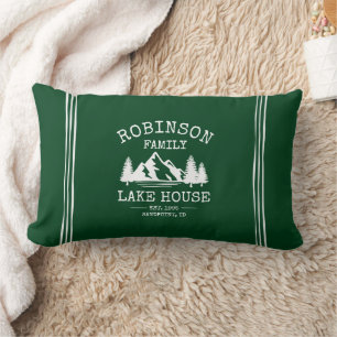 Family Name Lake House Trees Forest Green Lumbar Pillow