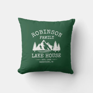 Family Name Lake House Trees Forest Green Outdoor Pillow
