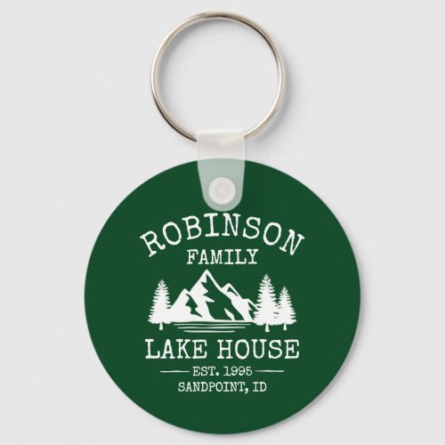 Family Name Lake House Trees Forest Green Round Keychain