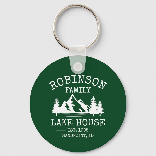 Family Name Lake House Trees Forest Green Round Keychain (Front)