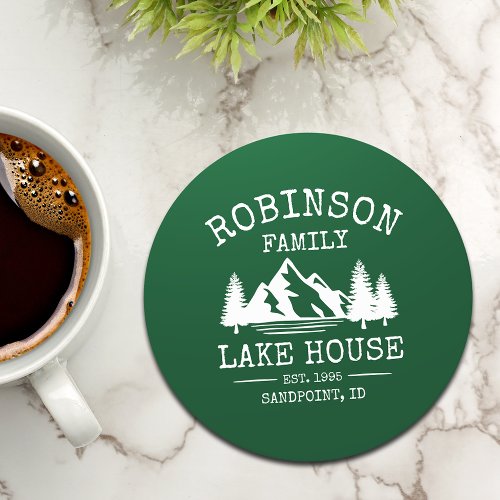 Family Name Lake House Trees Forest Green Round Paper Coaster