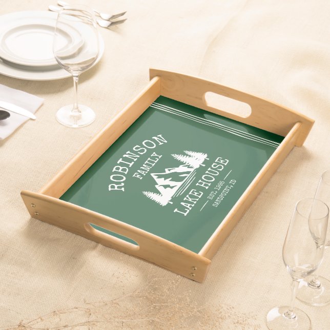 Family Name Lake House Trees Forest Green Serving Tray (Front)