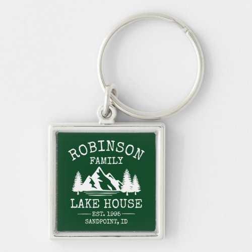 Family Name Lake House Trees Forest Green Silver Keychain