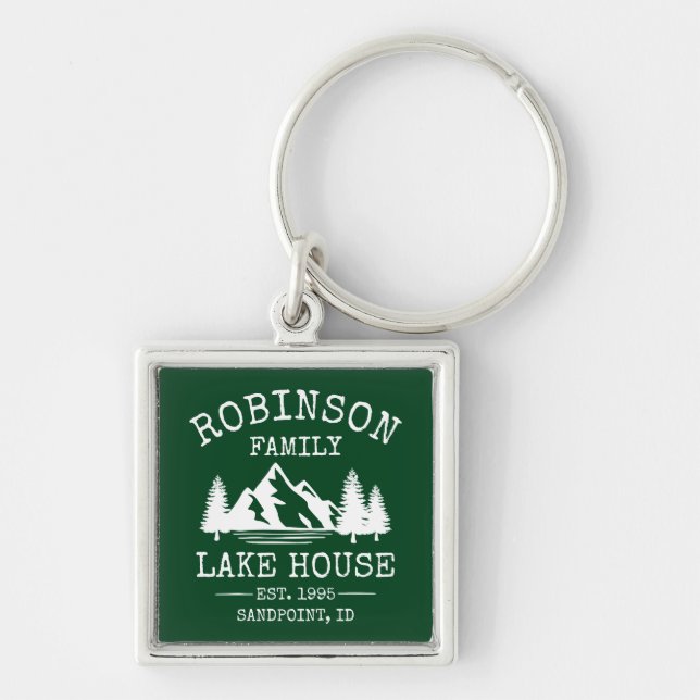 Family Name Lake House Trees Forest Green Silver Keychain (Front)