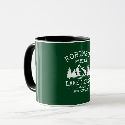 Family Name Lake House Trees Forest Green Two Tone Mug