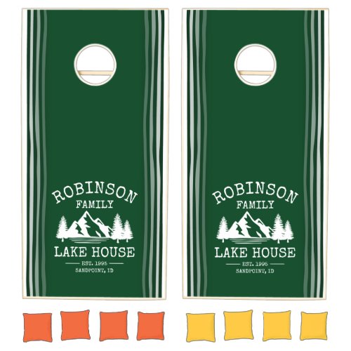 Family Name Lake House White On Forest Green Cornhole Set