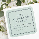 Family name light dusty sea green return address square sticker<br><div class="desc">Elegant,  light dusty sea green or custom color return address labels featuring your family name in an elegant serif font and the return address below surrounded by a double border.</div>