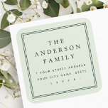 Family name light sage green return address square sticker<br><div class="desc">Elegant,  light sage green or custom color return address labels featuring your family name in an elegant serif font and the return address below surrounded by a double border.</div>