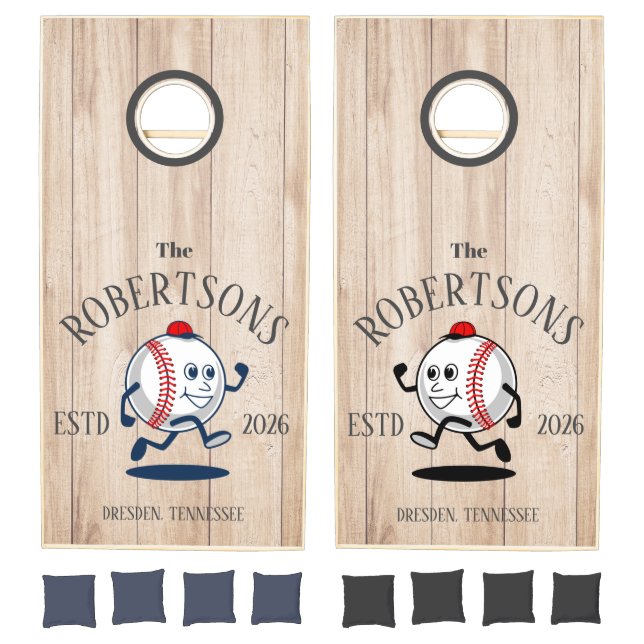 Family Name Light Wood Styled Baseball Cartoon Cornhole Set (Set)