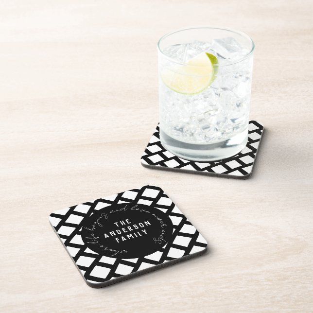 Family Name Love Quote Modern Black and White Beverage Coaster (Right Side)