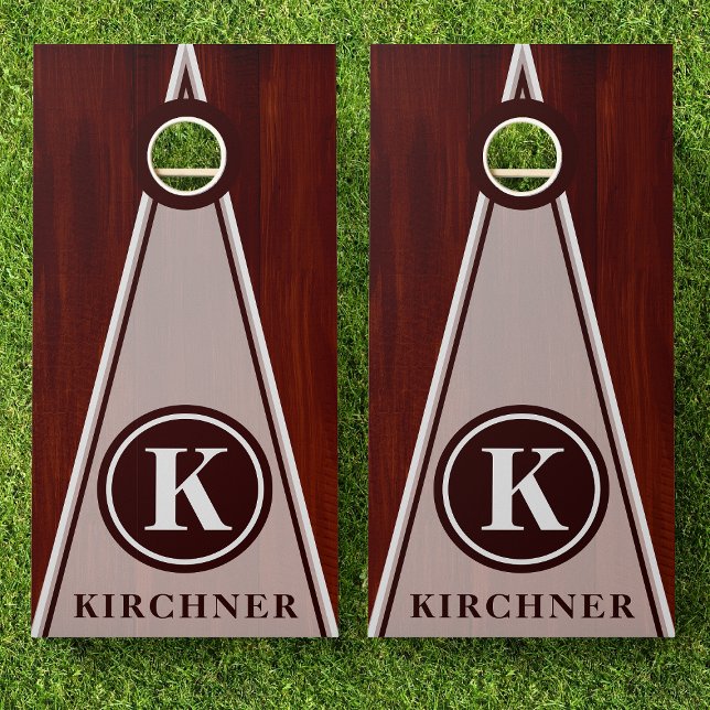 Family Name Mahogany Wood Triangle Stripe Monogram Cornhole Set (Creator Uploaded)