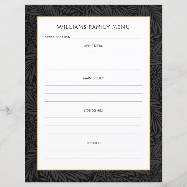 Family Name Menu Planner | Vintage Black Floral (Front)