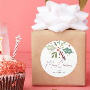 Family Name Merry Christmas Berry Foliage Script Classic Round Sticker