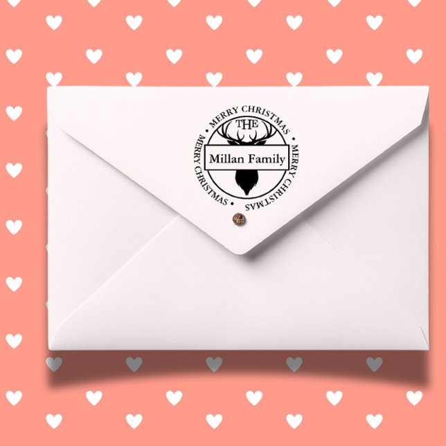 Family Name Merry Christmas Reindeer theme Self-inking Stamp (Personalize your holiday cards with a Family Name Merry Christmas Reindeer self-inking stamp.  )