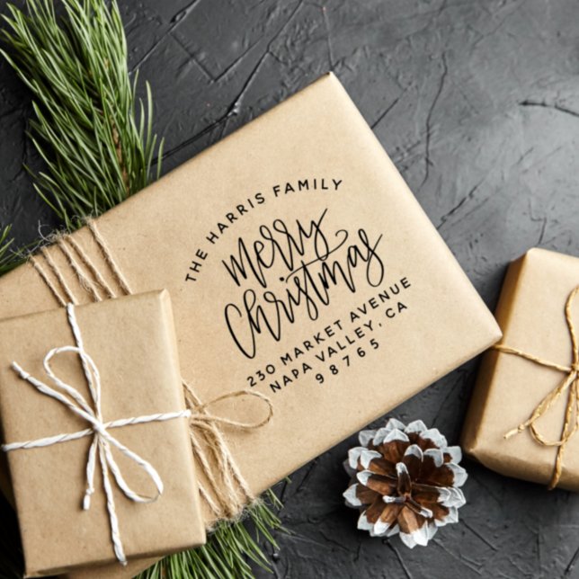 Family Name, Merry Christmas & Return Address Self-inking Stamp (Rubber Stamp Mock-up)