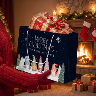 Family Name Merry Christmas Winter Snow Gnomies Large Gift Bag
