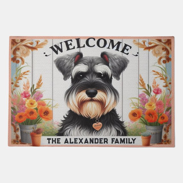 Family Name Miniature Schnauzer Dog Floral Welcome Doormat (Front)