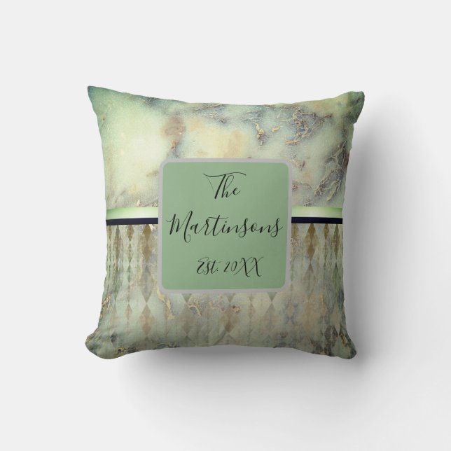 Family Name Minty Green Marble Harlequin Throw Pillow (Front)